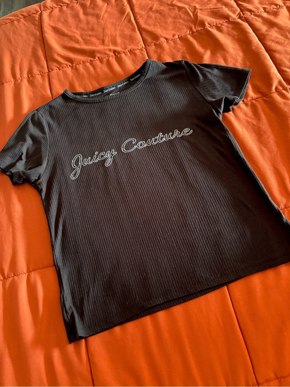 Juicy Couture Soft Black Ribbed Logo Short Sleeve Baby Tee With Rhinestones